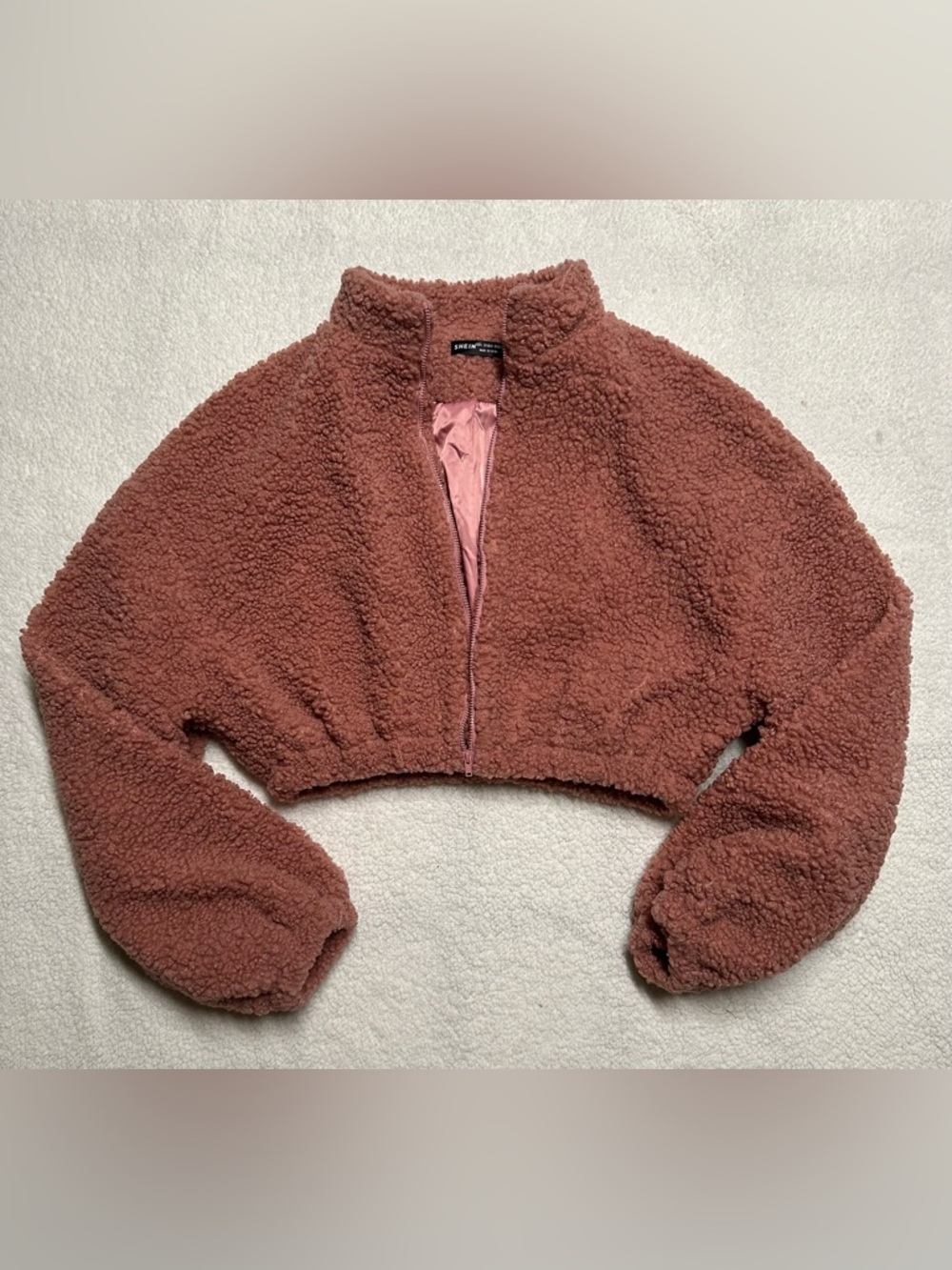 SHEIN Dusty Rose Teddy Cropped Jacket